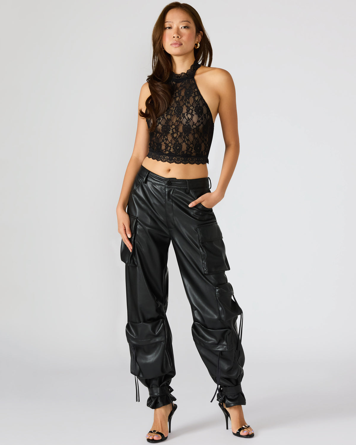 Vegan Leather Duo Black Women's Utility Cargo Pants