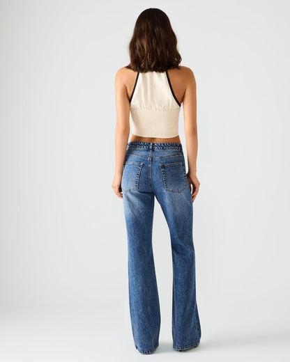 IRYS Dark Navy High-Rise Flare Gold Detail Buttons Women's Jean